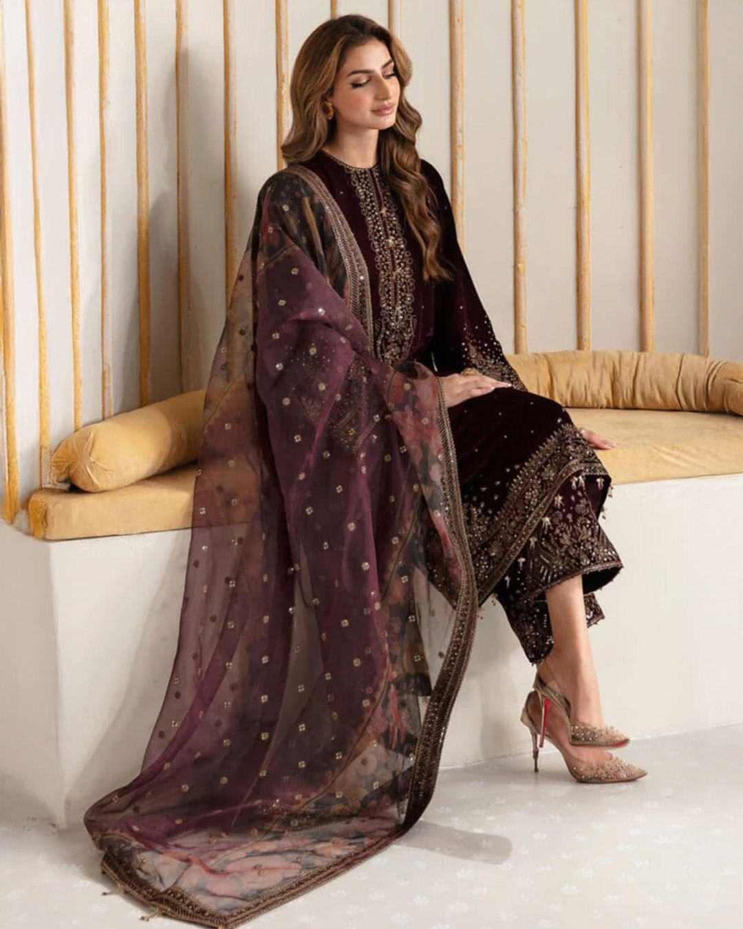 Elegant Luxury Mehroon Velvet